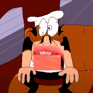 a cartoon character with a mustache is sitting on a couch with a picture of his mouth on his chest
