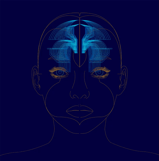 a drawing of a woman 's head with a blue and yellow brain
