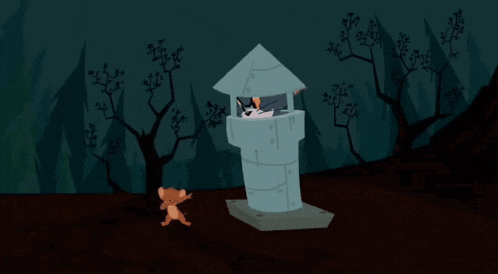 a cartoon drawing of a cat and a mouse