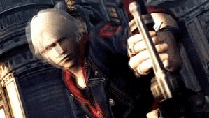 nero from devil may cry 4 is holding a gun in his hands in front of a building .