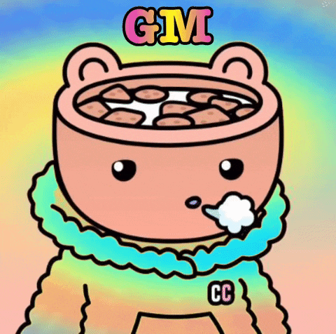 a cartoon of a bear with a bowl of hot chocolate and the word gm written above it