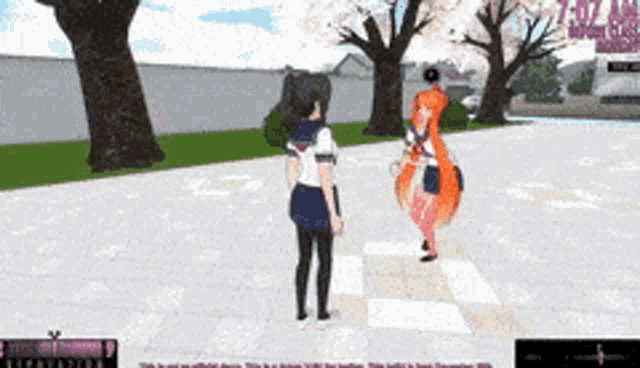 two anime girls standing next to each other on a sidewalk