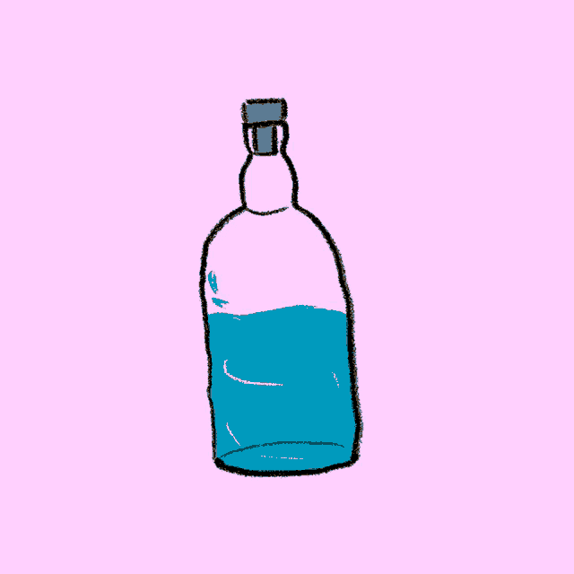 a drawing of a bottle with a fish in it on a pink background