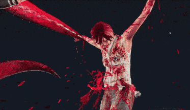 a person with blood on their face and wings covering their eyes