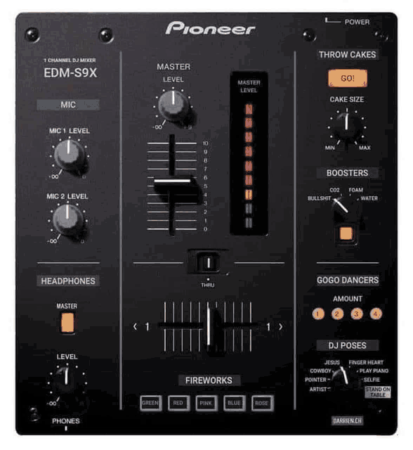 the pioneer edm-s9x is a dj mixer that allows you to throw cakes and fireworks