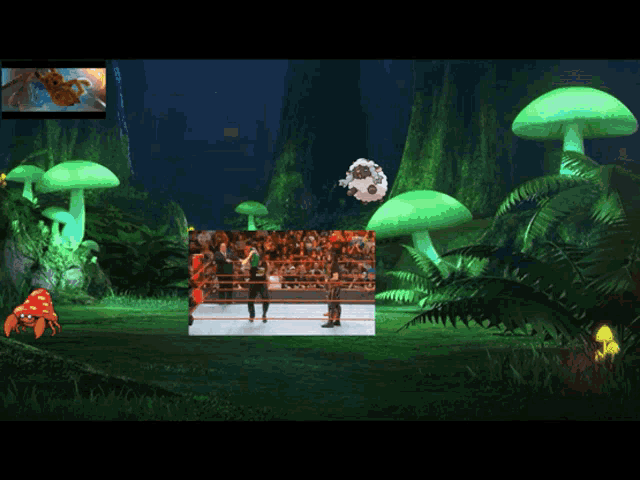a video game screen shows a boxing match in a jungle surrounded by green mushrooms