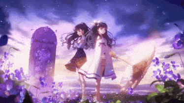 two anime girls are standing in a field of purple flowers one is holding an umbrella