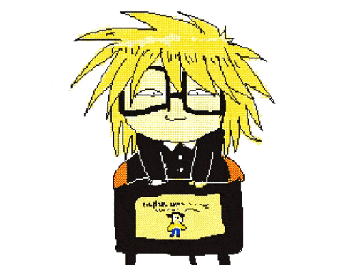 a pixel art drawing of a girl with glasses and a tv that says " don 't go to dark queen "