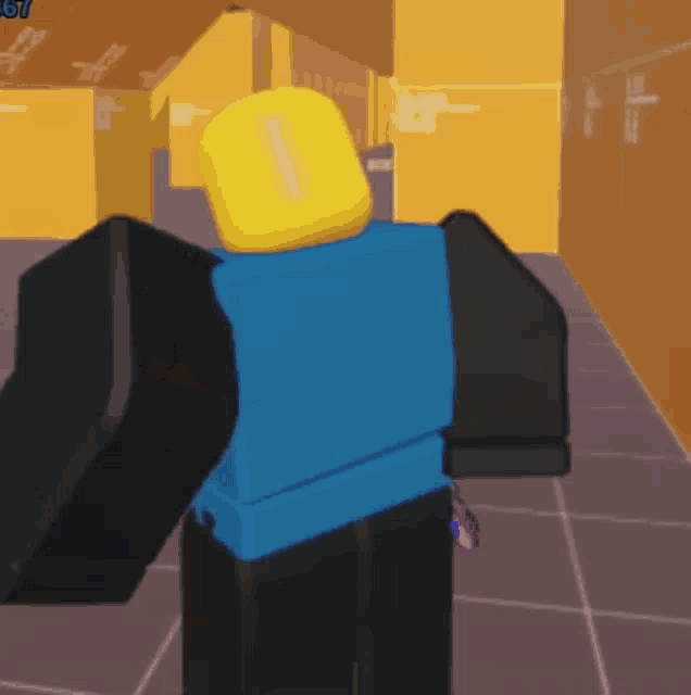 a cartoon character with a blue shirt and yellow head