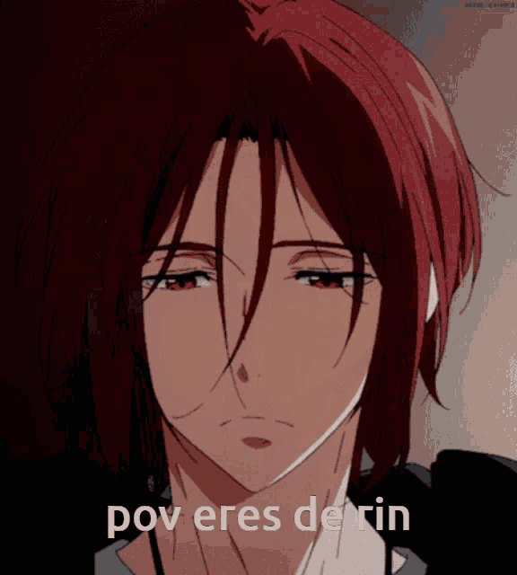 a close up of a person 's face with the words pov eres de rin above it