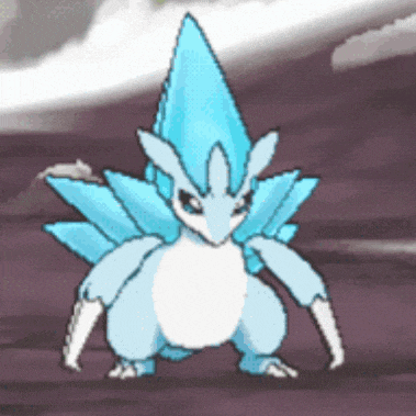 a pixel art drawing of a blue and white pokemon standing on the ground