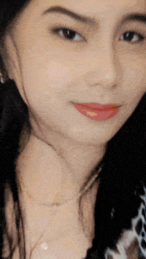 a close up of a woman 's face with a leopard print shirt