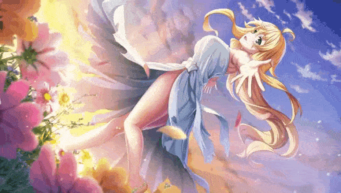 a blonde anime girl in a blue dress is surrounded by flowers