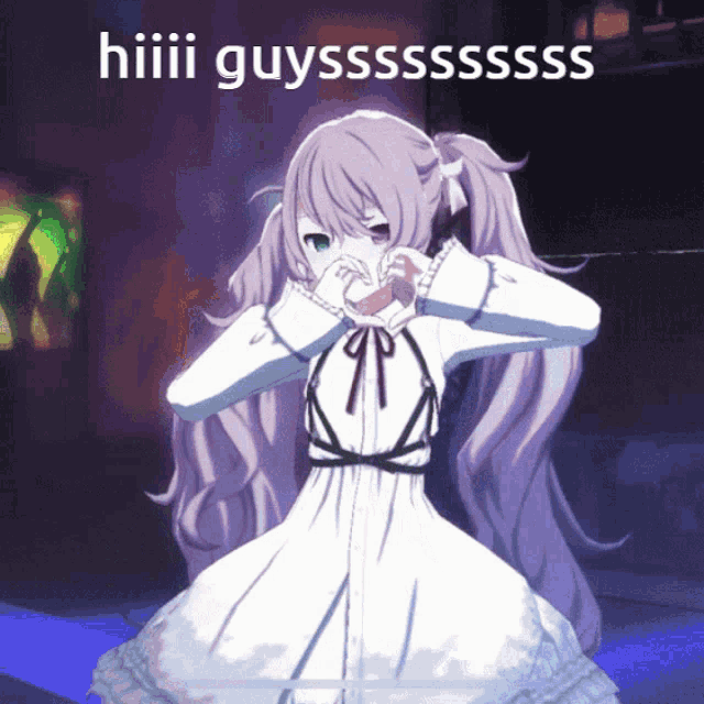a girl in a white dress is making a heart shape