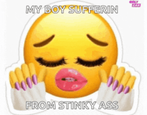 a yellow smiley face with pink lips and purple nails with the words my boy sufferin from stinky ass