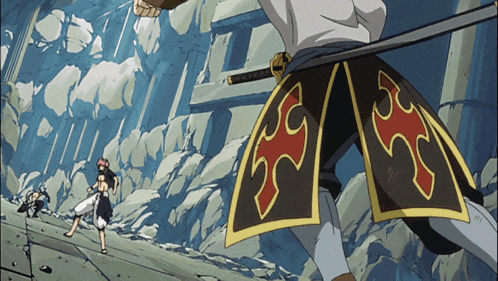 a man holding a sword with a flame on the bottom of his skirt