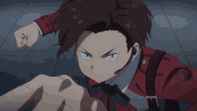 a cartoon character with a headset and a red jacket