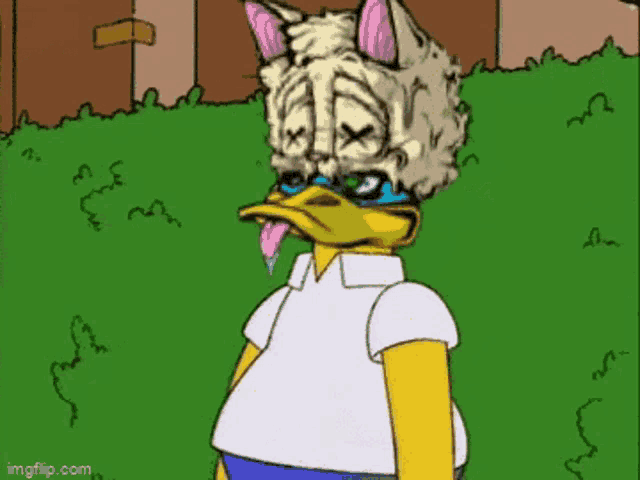 a cartoon of homer simpson wearing a duck mask and a cat 's head .