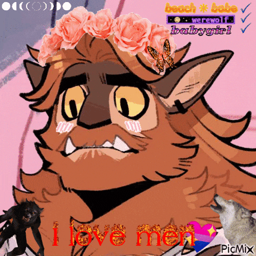 a cartoon of a werewolf with a flower crown on his head and the words i love men