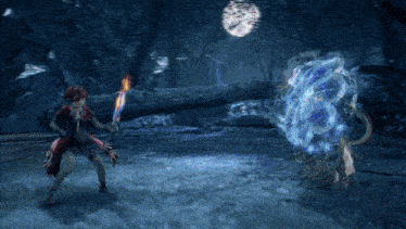a video game character is fighting a monster with a sword and shield
