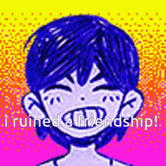 a pixel art drawing of a boy with blue hair and the words `` i ruined a friendship ! ''