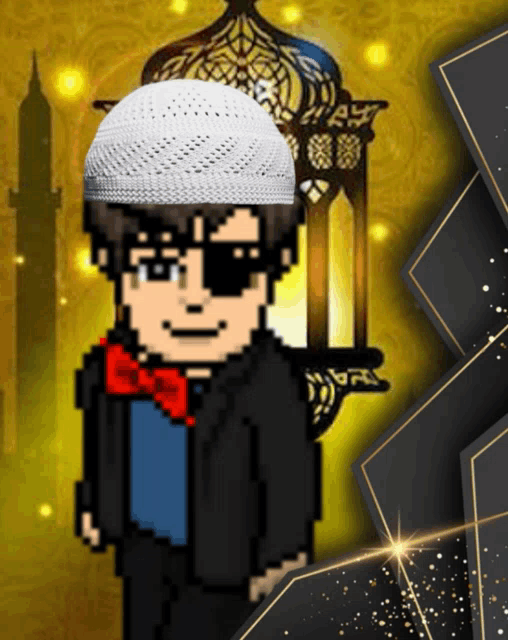 a pixel art of a man wearing a white hat