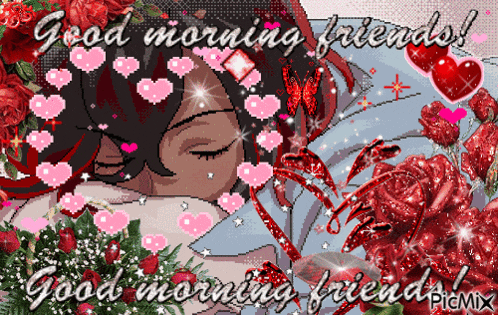 a pixel art of a woman sleeping with the words good morning friends on the bottom