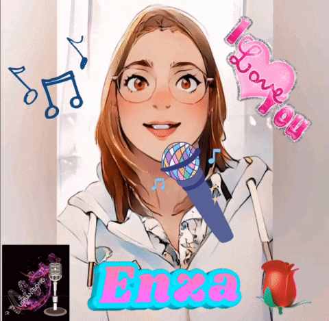 a cartoon of a girl singing into a microphone with the name enza on the bottom