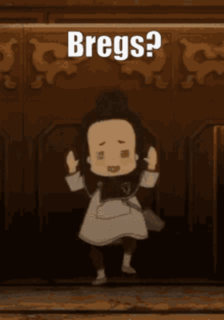 a cartoon character is standing in front of a wall and says ' bregs ' on it