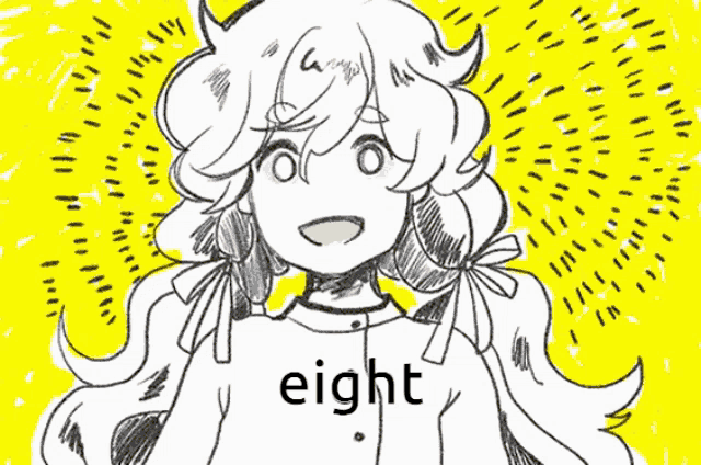 a drawing of a girl with the word eight in the corner