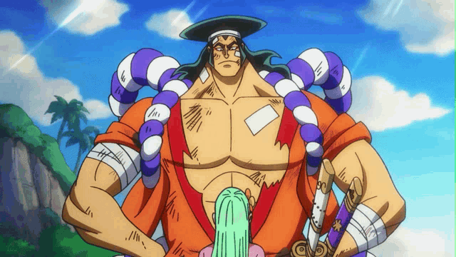 a cartoon drawing of a man with a purple and white rope around his neck