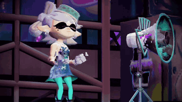 a cartoon character is standing next to a megaphone in a dark room