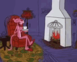 a pink panther sits in a chair with a cup of coffee in front of a fireplace