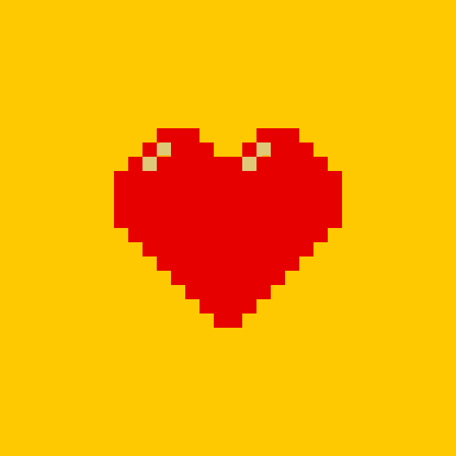 a pixel art of a red heart with sunglasses on a yellow background
