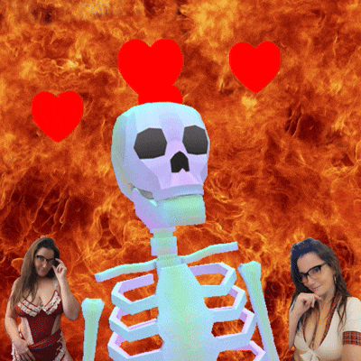 a skeleton with two red hearts on top of it 's head