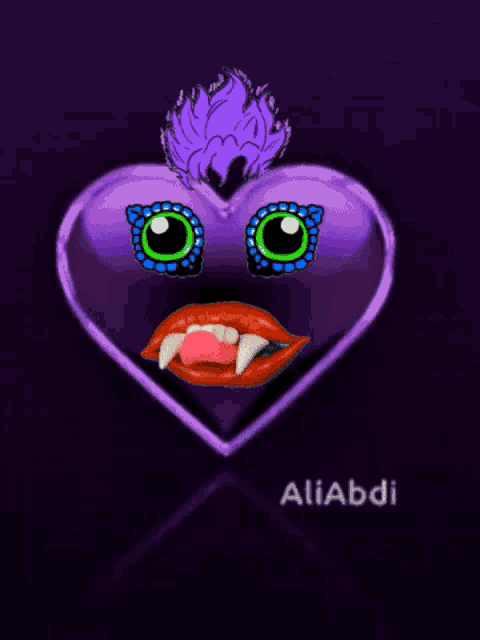 a purple heart with a vampire face and the name aliabdi