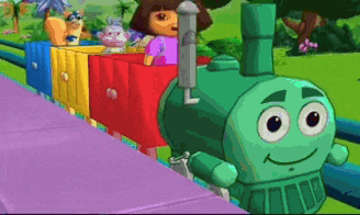 a cartoon of dora the explorer riding a train with other animals