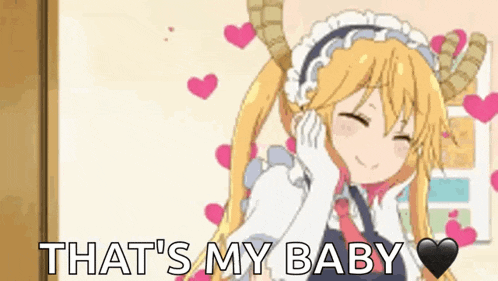 a cute anime girl with horns is surrounded by hearts and the words `` that 's my baby '' .