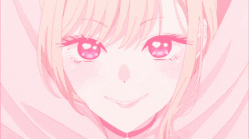 a close up of a girl 's face with pink hair and pink eyes