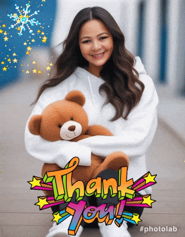 a picture of a woman holding a teddy bear with the words thank you in the background