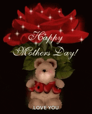 a happy mother 's day card with a teddy bear holding a heart and a red rose .