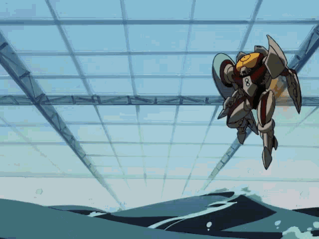a robot is flying over a body of water and has a yellow head