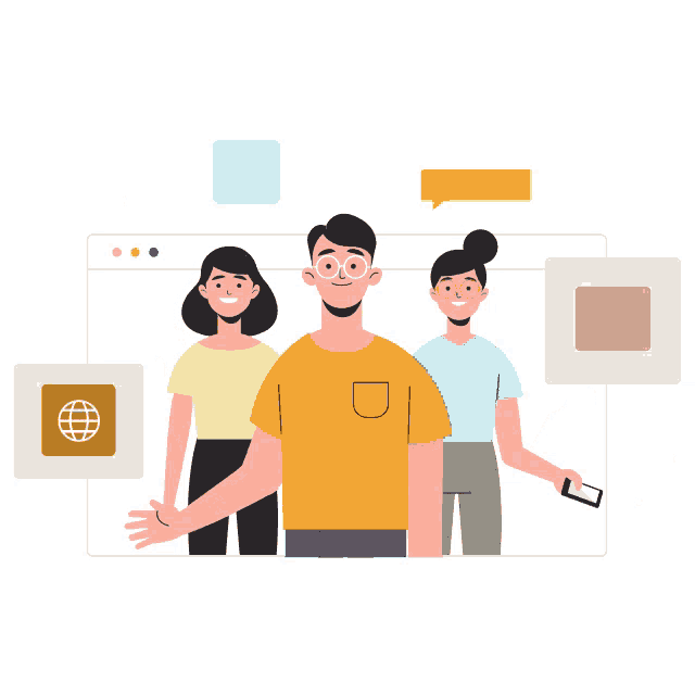 a group of people are standing next to each other with a phone icon in the background