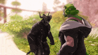 a man with horns is standing next to another man who has green hair