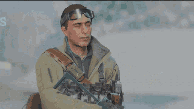 a man holding a rifle with the letter s on the bottom right