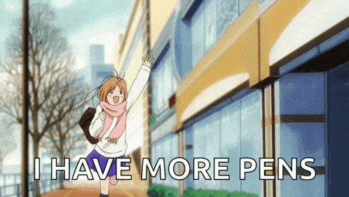 a girl is running in front of a building with the words " i have more pens " below her