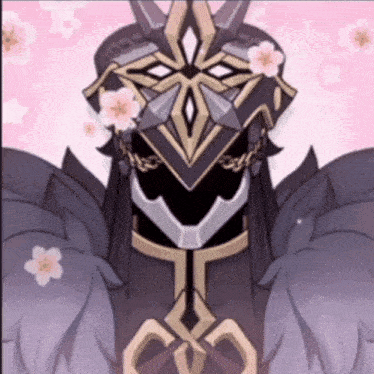 a cartoon character wearing a mask with flowers behind him