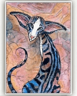a painting of a blue and white cat with a long tail on a pink background .