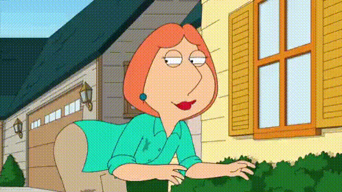 lois griffin from family guy is standing in front of a house looking out of a window .
