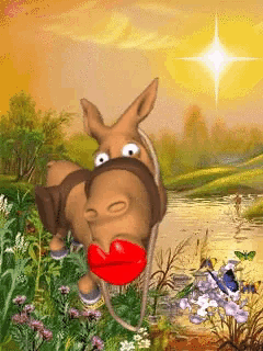 a cartoon donkey with red lips is standing in a field